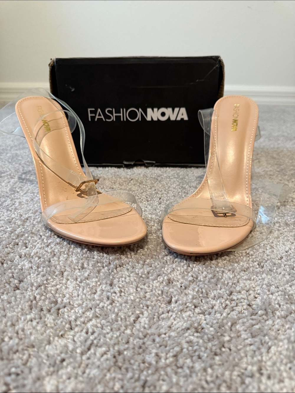 Fashion Nova Nude Clear Strap Mule Heels